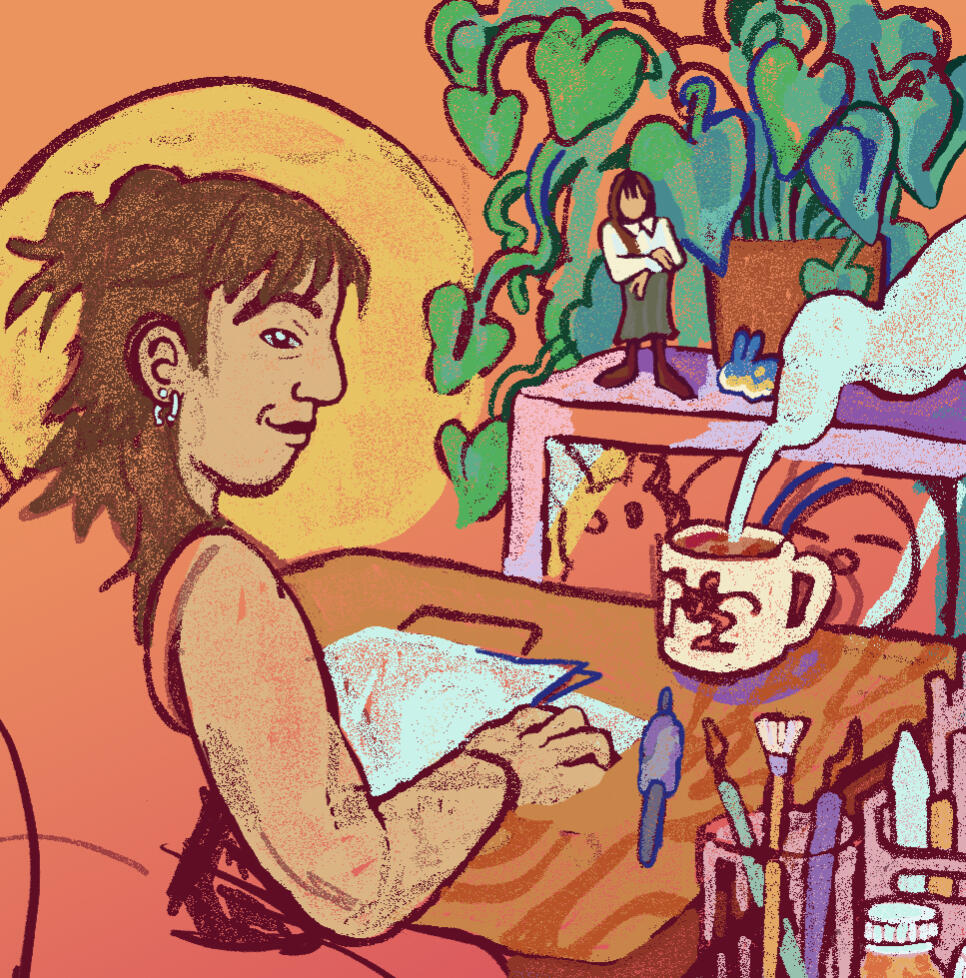 A digital illustration of Aris, looking over his shoulder at the viewer while working at his desk.